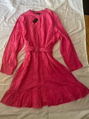 Ashley Stewart 100%Cotton Hot Pink Eyelet Button-Front Belted Dress size 22/24